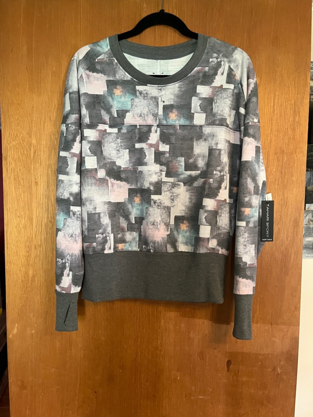 Tahari Abstract Watercolor Pullover - Gray, Pink, Teal